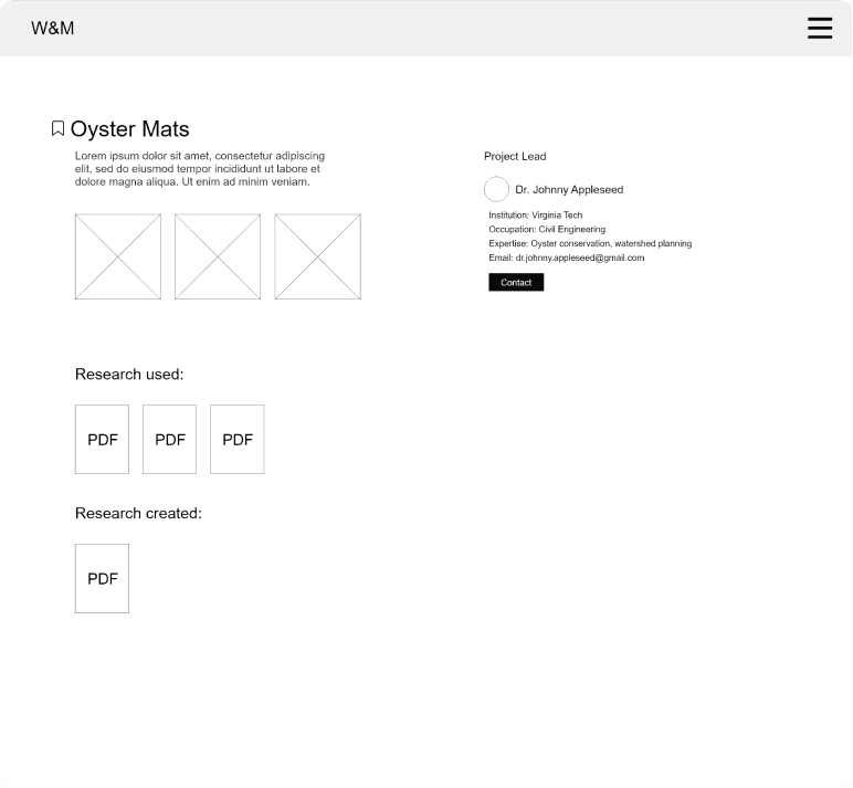 Webpage mockup for a project titled “Oyster Mats,” featuring a brief project description, image placeholders, and research documentation. On the right, it lists Dr. Johnny Appleseed as the project lead with institutional affiliation (Virginia Tech), occupation (Civil Engineering), and expertise (oyster conservation, watershed planning). Below, sections labeled “Research used” and “Research created” link to PDF documents. A “Contact” button is also included for reaching out to the lead.