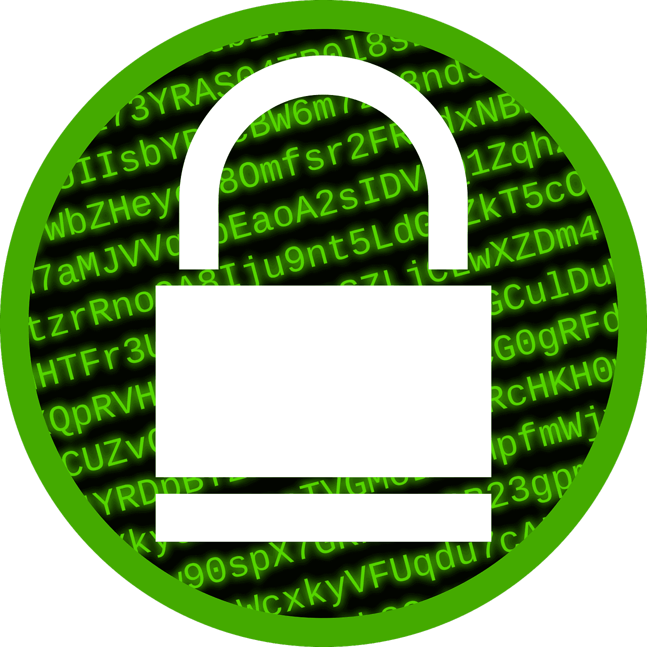 Icon of a padlock enclosed in a green circle with a background of green binary code, symbolizing cybersecurity and data protection