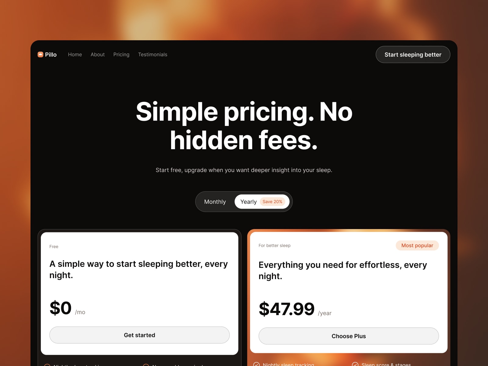 Pillo pricing page with free and paid plan cards on a dark background