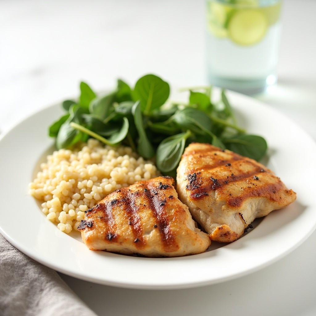 A clean white plate with grilled chicken, quinoa, leafy greens, and a glass of water.