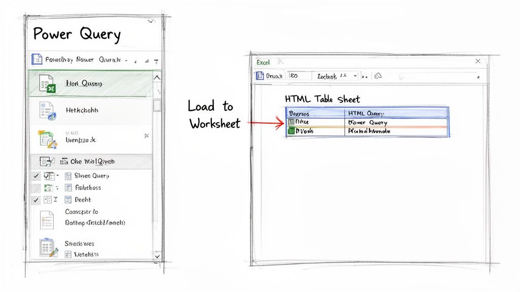 Power Query loading data from a web source into an Excel HTML Table worksheet, demonstrating data extraction.