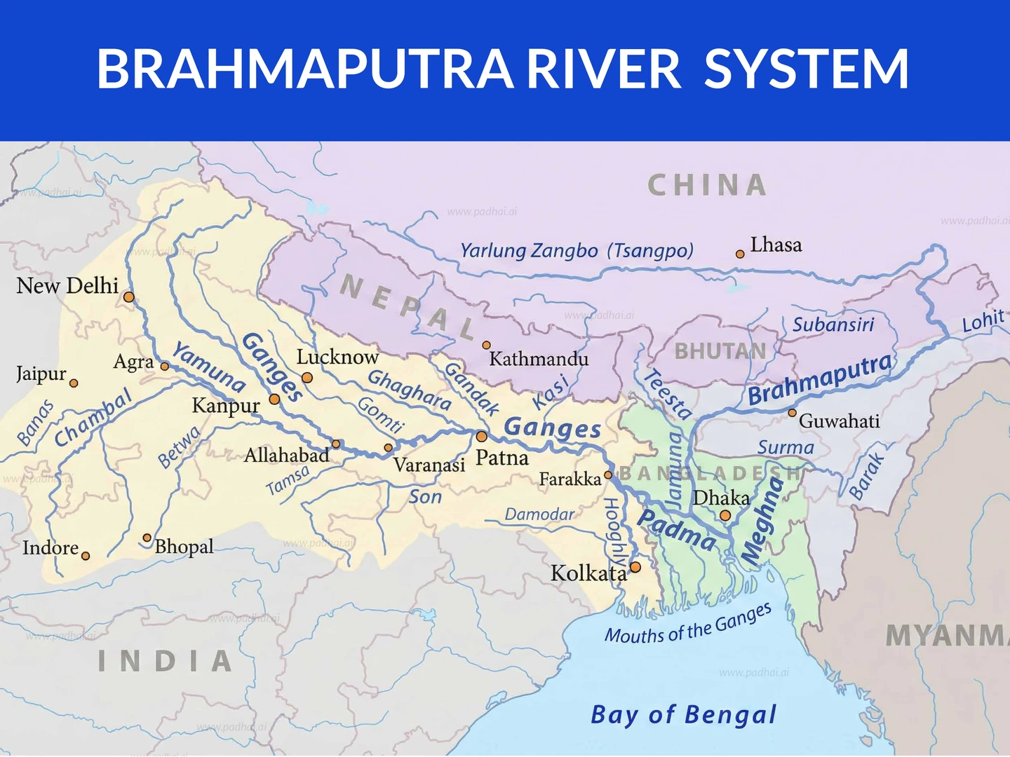  Map showing the Brahmaputra river course from Chemayungdung Glacier through Arunachal Pradesh and Assam to the Bay of Bengal.