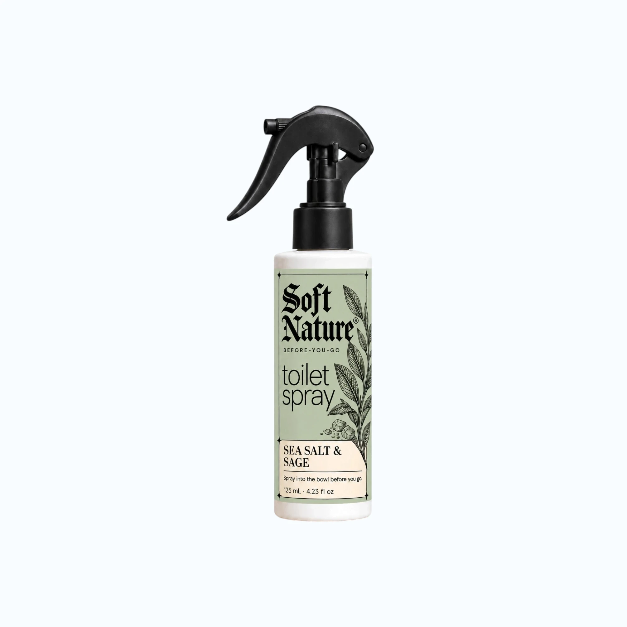 SOFT NATURE Sea Salt & Sage before-you-go toilet spray, 125 mL bottle with a black label and black trigger sprayer.