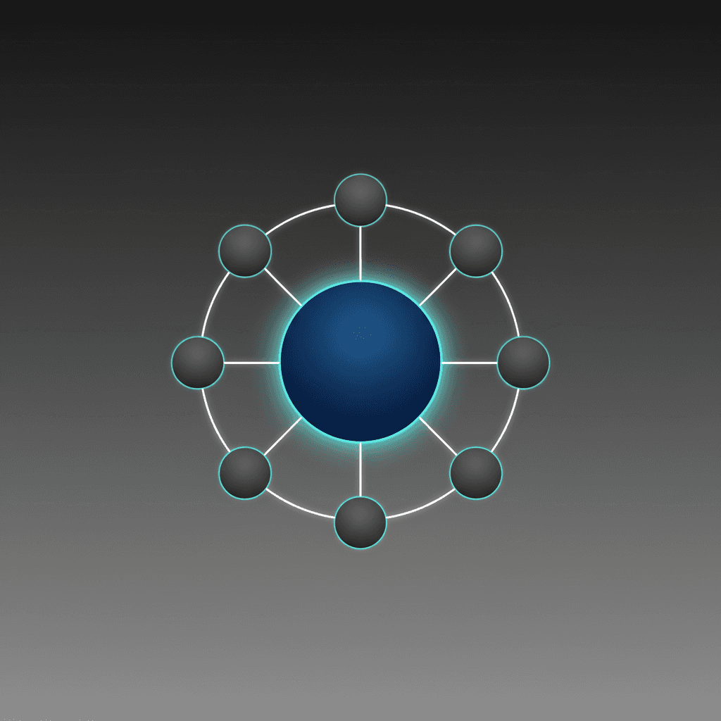 Graphic of signal provider (central circle) connected to multiple client nodes, representing distribution network
