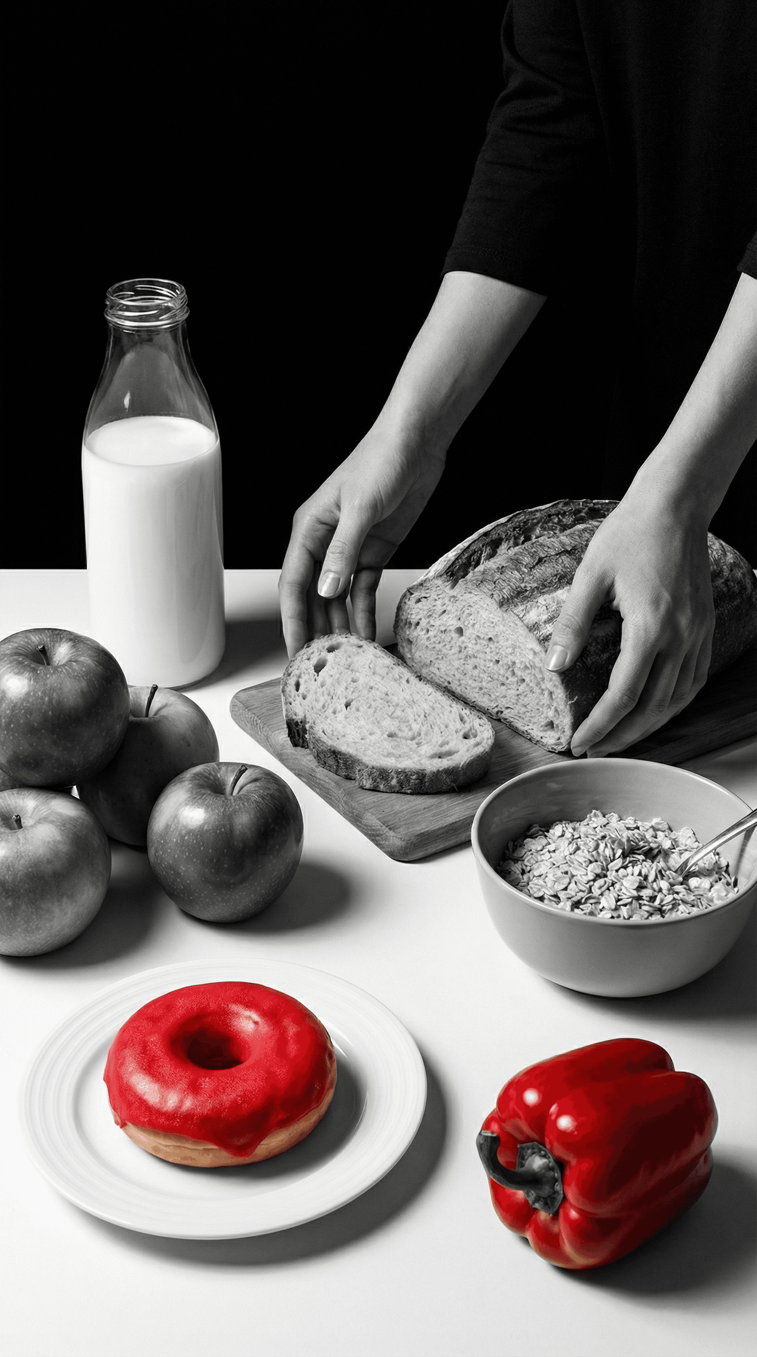 Black-and-white breakfast still life with selective color on a red donut and red bell pepper.