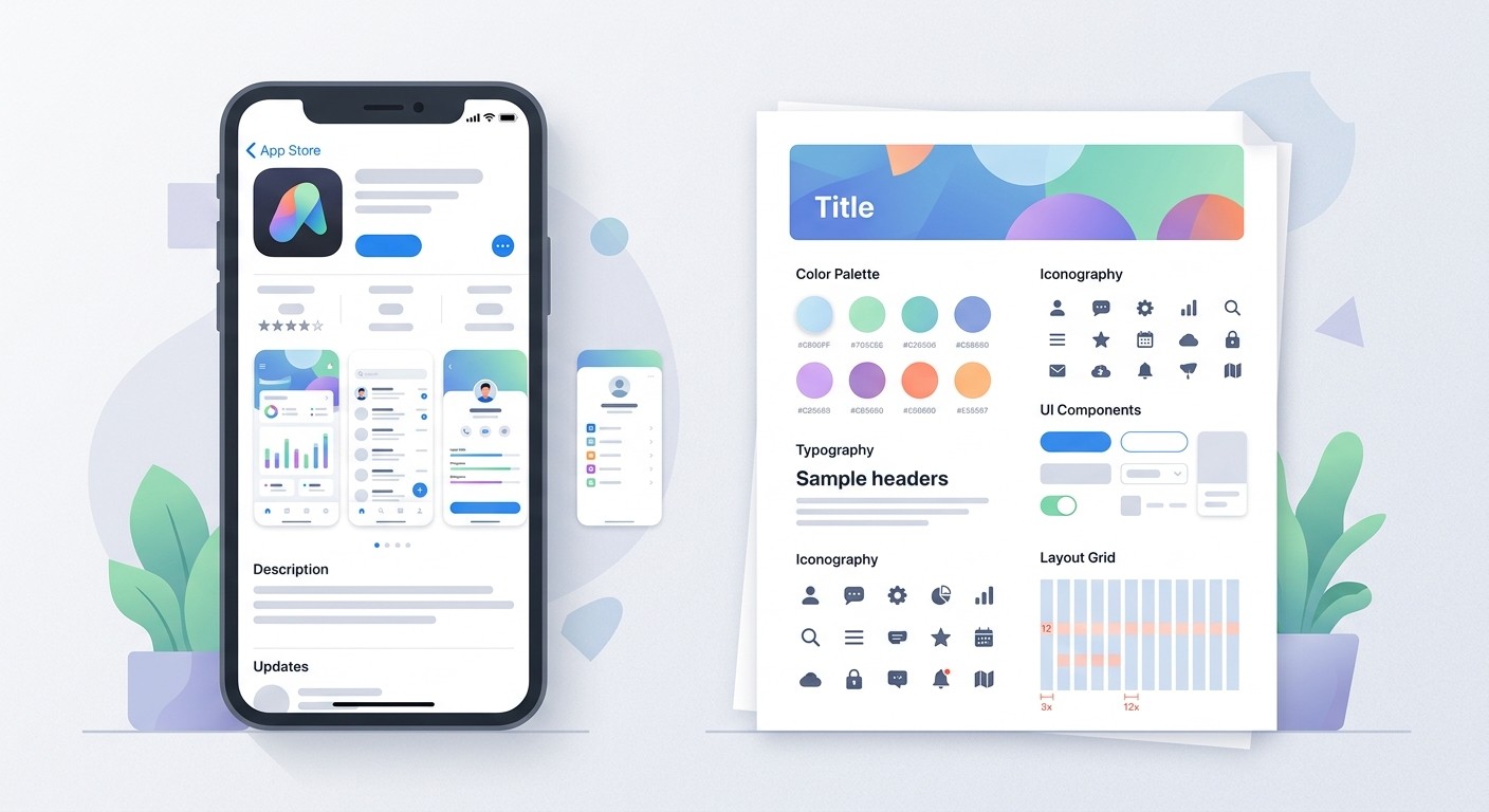 Illustration of an App Store product page next to a developer style guide document