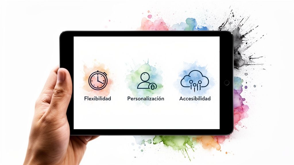 Mano sosteniendo una tablet con iconos de flexibilidad, personalización y accesibilidad sobre manchas de acuarela.