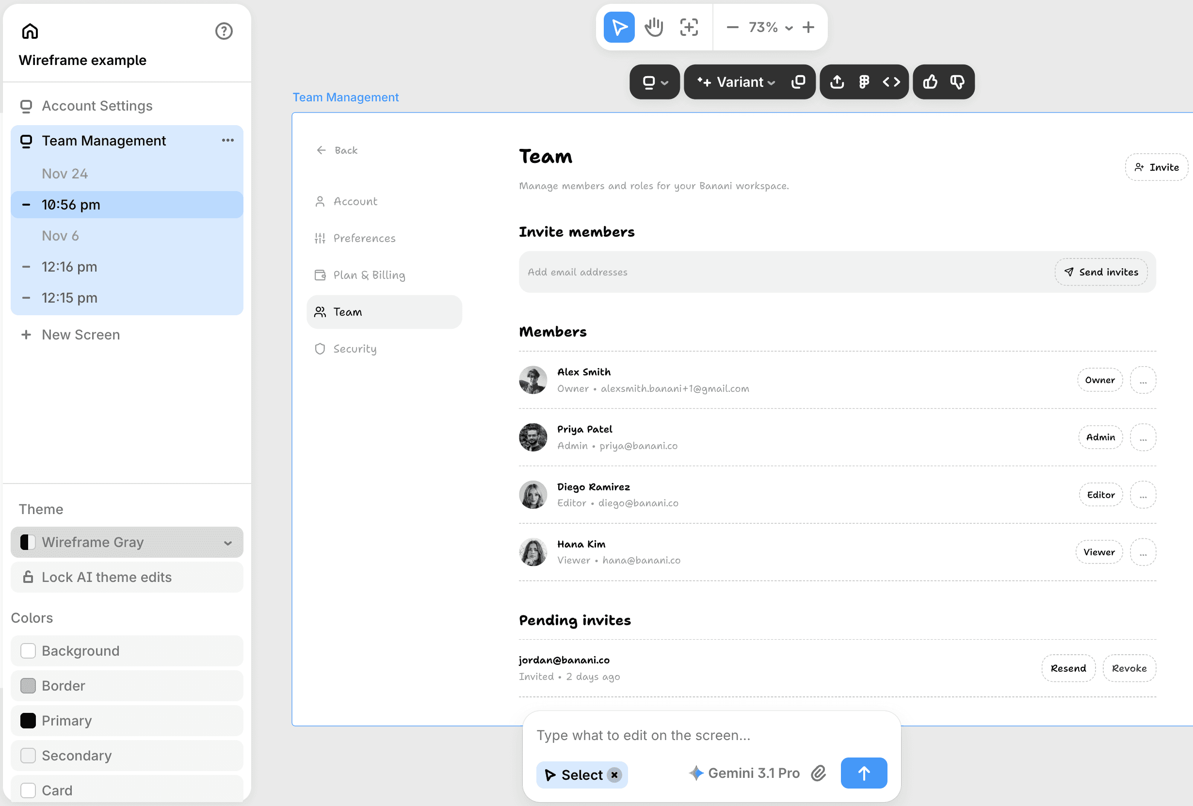 Interface of banani when using wireframing mode