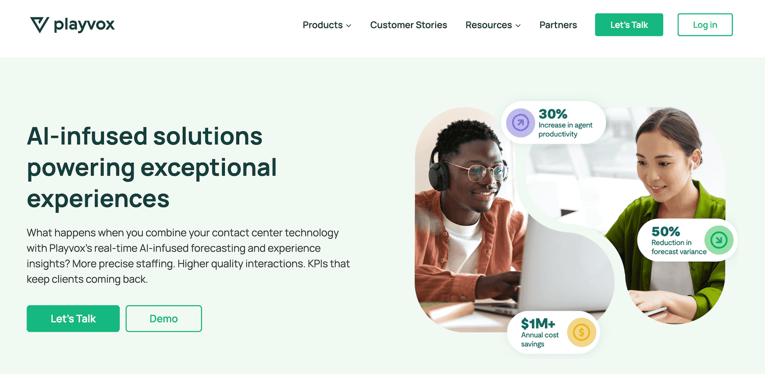 Playvox homepage: AI-infused solutions powering exceptional experiences
