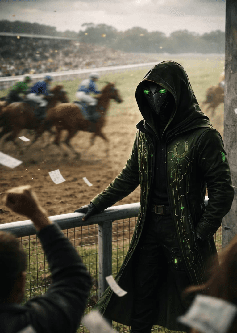 Cipher overlooking a live horse race, representing the user making their own informed betting decision