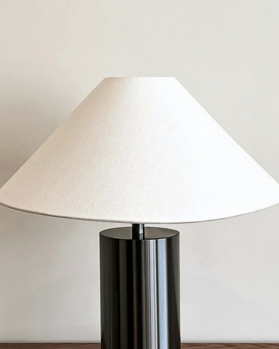 Close-up of the linen-shade table lamp