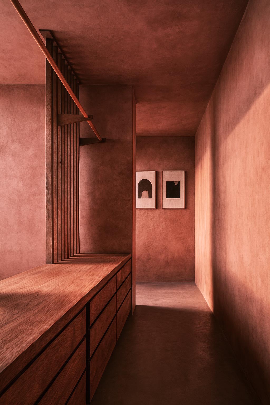 Terracotta workspace with custom wooden desk, warm plaster walls, natural light, and abstract wall art.