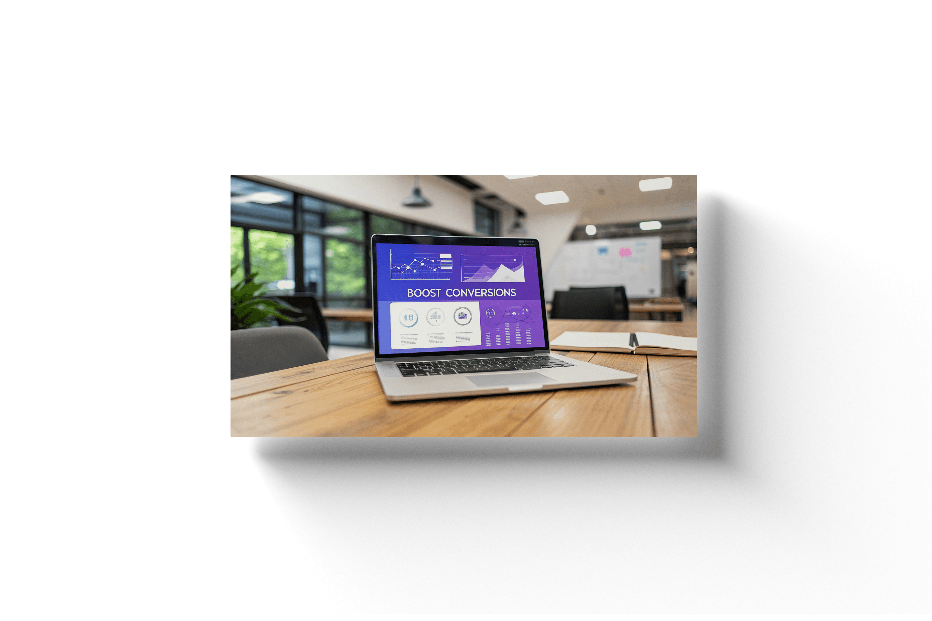 A laptop with a purple screen on a wooden desk