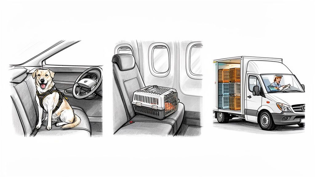 Illustrations depicting different modes of pet transportation: a dog in a car, a cat in an airline carrier on a plane, and pet crates in a delivery truck.