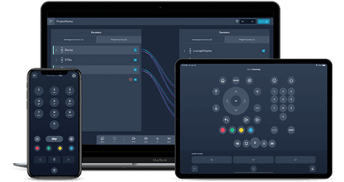 MacBook, iPhone, and iPad displaying remote control interfaces