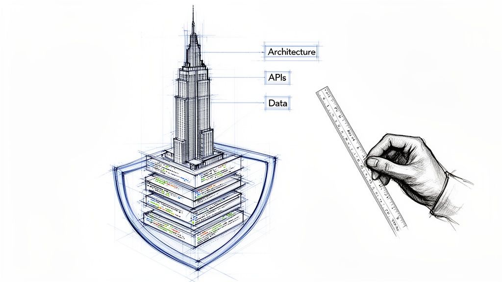 Blueprint of software architecture, APIs, and data in a skyscraper, protected by a shield, with a hand measuring.