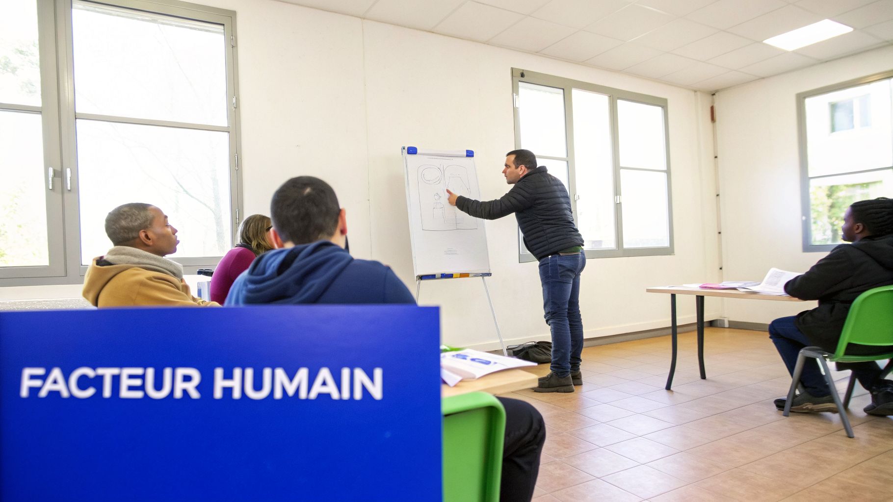 Un homme présente devant un tableau blanc à un groupe d'étudiants dans une salle de classe lumineuse. Le texte 'FACTEUR HUMAIN' est visible au premier plan.