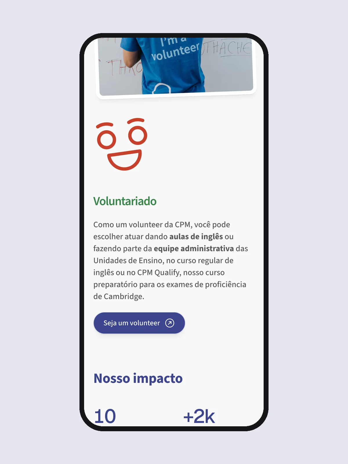 Seção de voluntariado na página inicial do site do Cidadão Pró-Mundo no celular