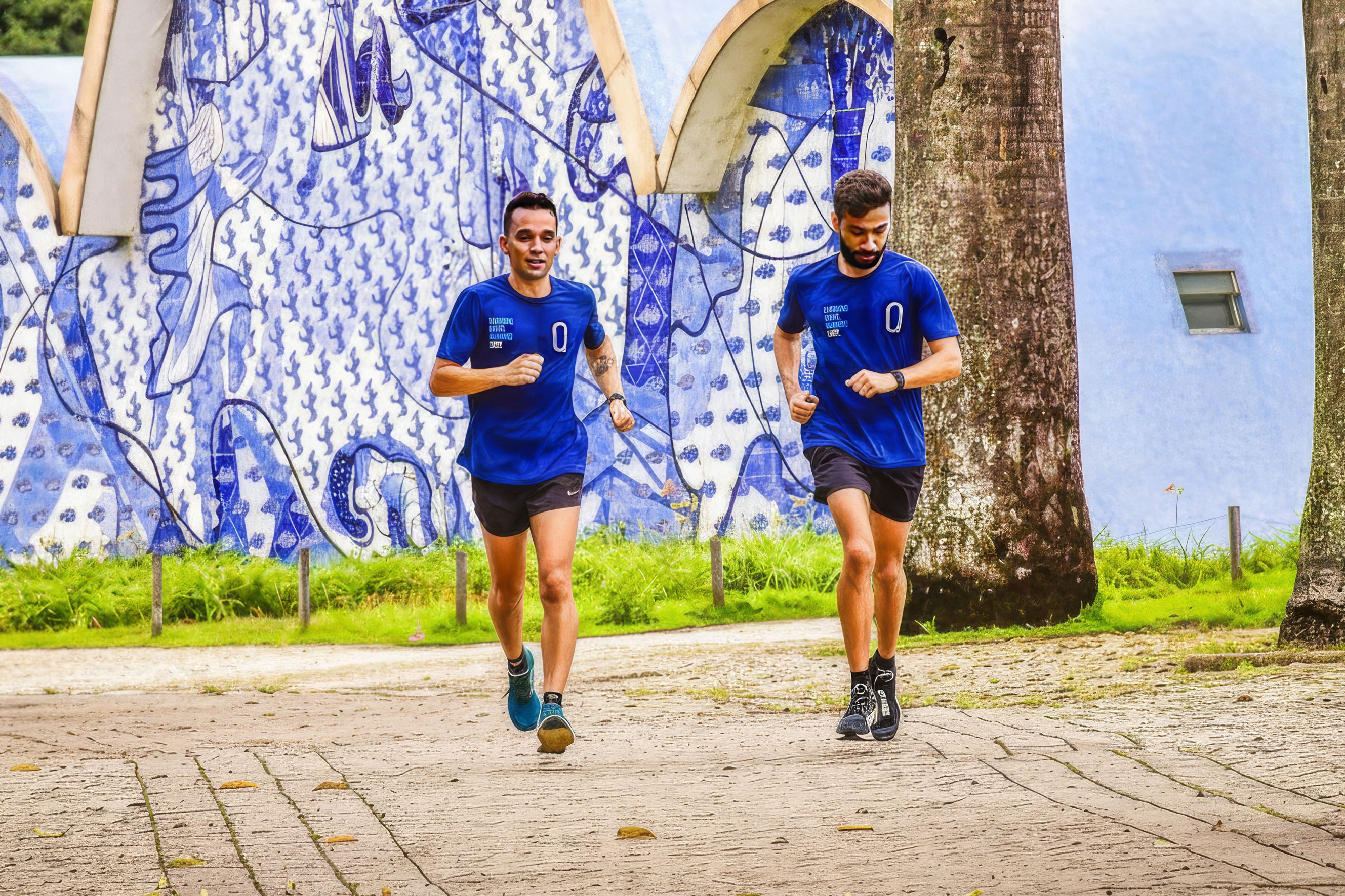Dois corredores passando por trás da Igrejinha da Pampulha vestindo uniforme da Easy Running