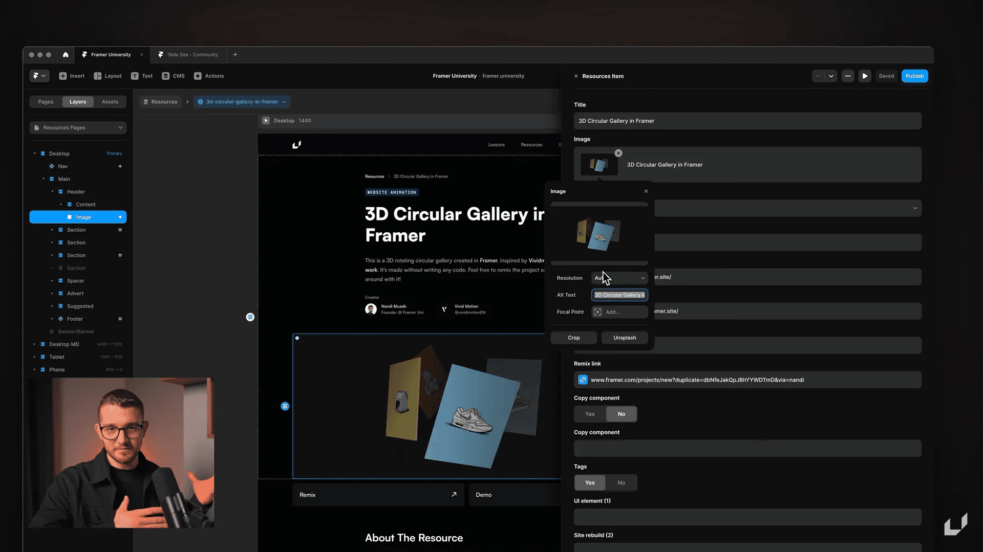 Framer editor showcasing a 3D Circular Gallery with detailed customization options