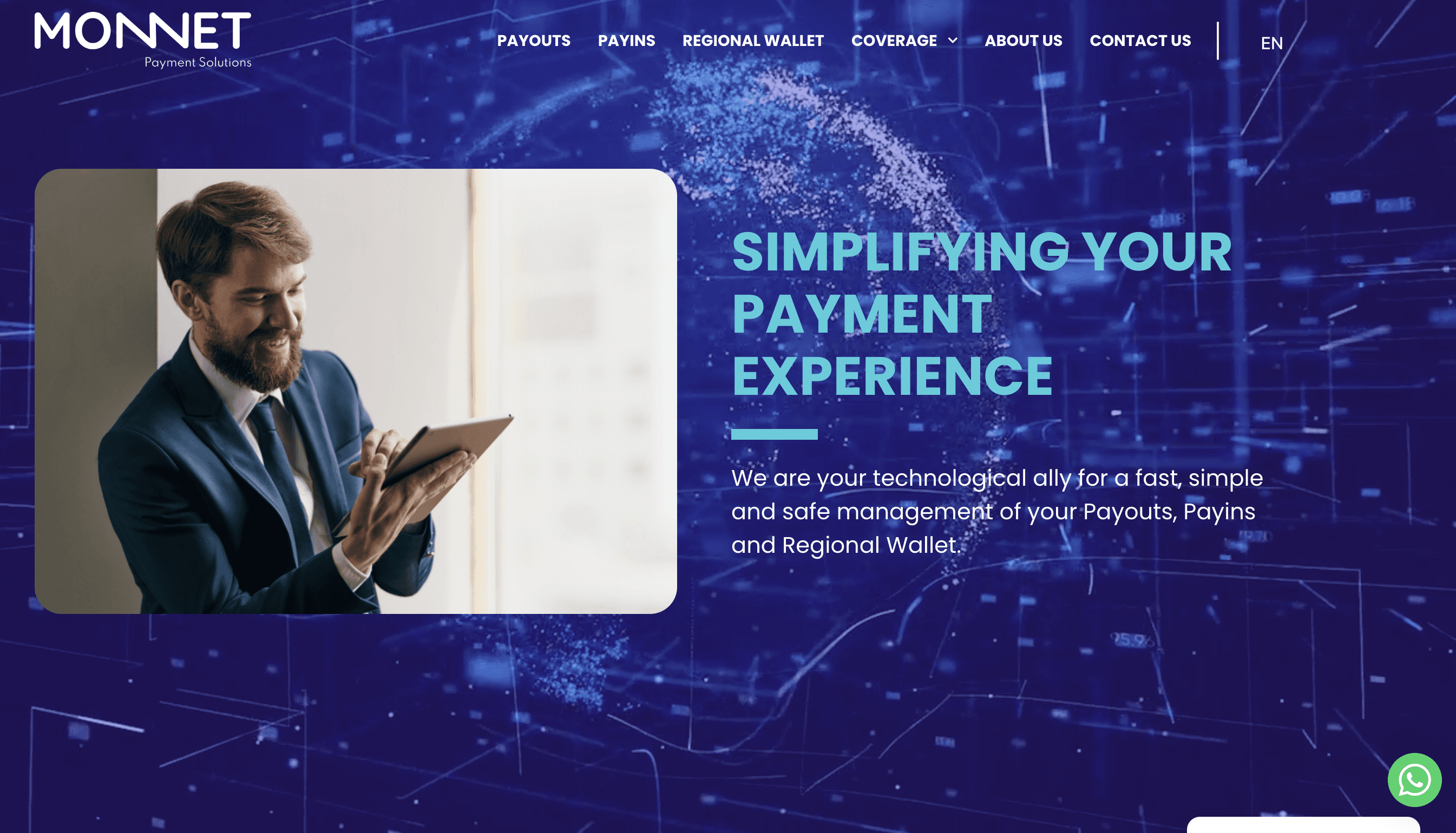 Screenshot of Monnet Payment Solutions website homepage, featuring a businessman using a tablet and the slogan ‘Simplifying Your Payment Experience.