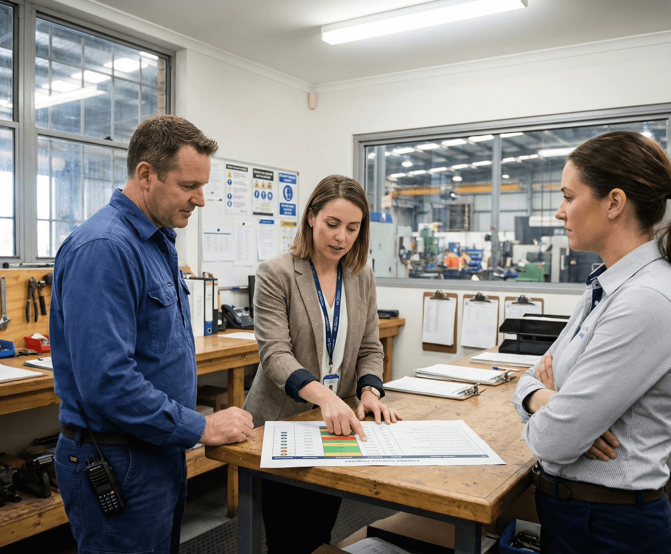 A WHS team of three — a safety coordinator in her early 30s, a maintenance supervisor in his mid-40s, and a production manager in her late 30s — standing together around a high workbench in a factory-floor office that doubles as a safety briefing station. On the bench, a single printed control register page shows a structured table with control names, owner initials, review dates, status indicators, and an evidence column with small attachment icons — visible in layout and colour but not legible.