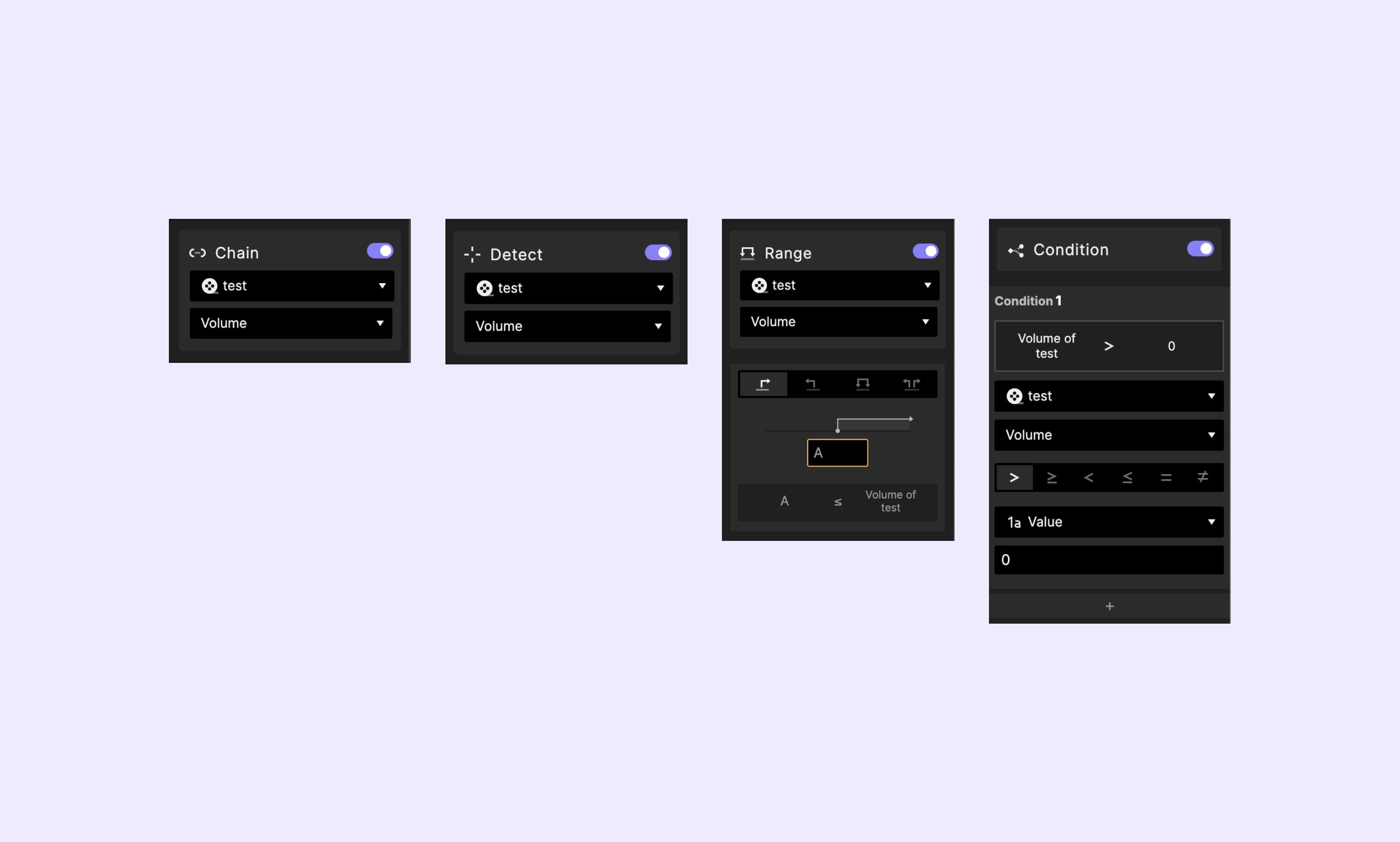 Volume property in Chain, Detect, Range and Conditions