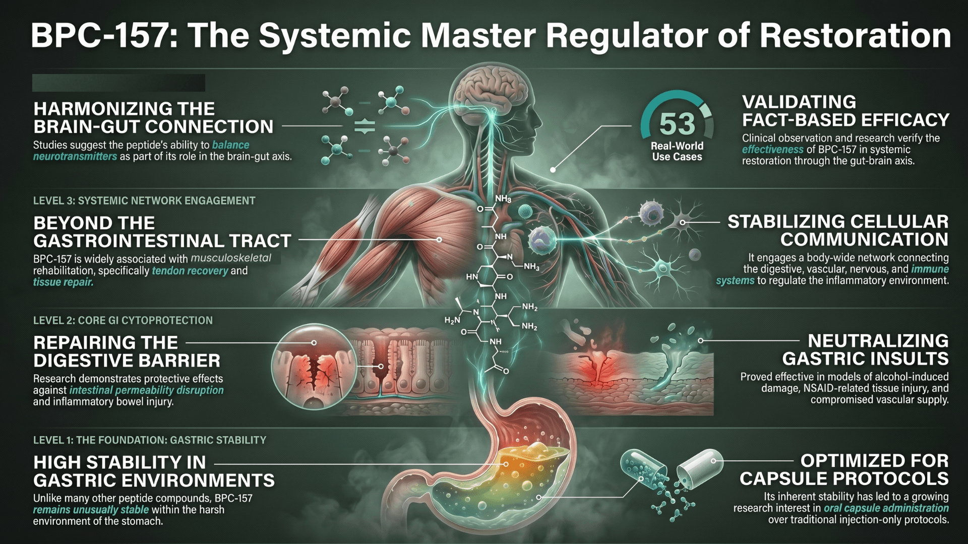 BPC-157 infographic showing gut-brain axis, gastrointestinal healing, inflammation signaling, and peptide recovery mechanisms by ONPEPS