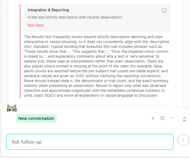 thesify results feedback flagging interpretive language and missing statistical context such as denominators and p value conventions