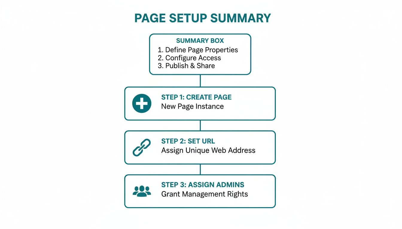 Flowchart detailing the Page Setup Summary process, including creating pages, setting URLs, and assigning admins.