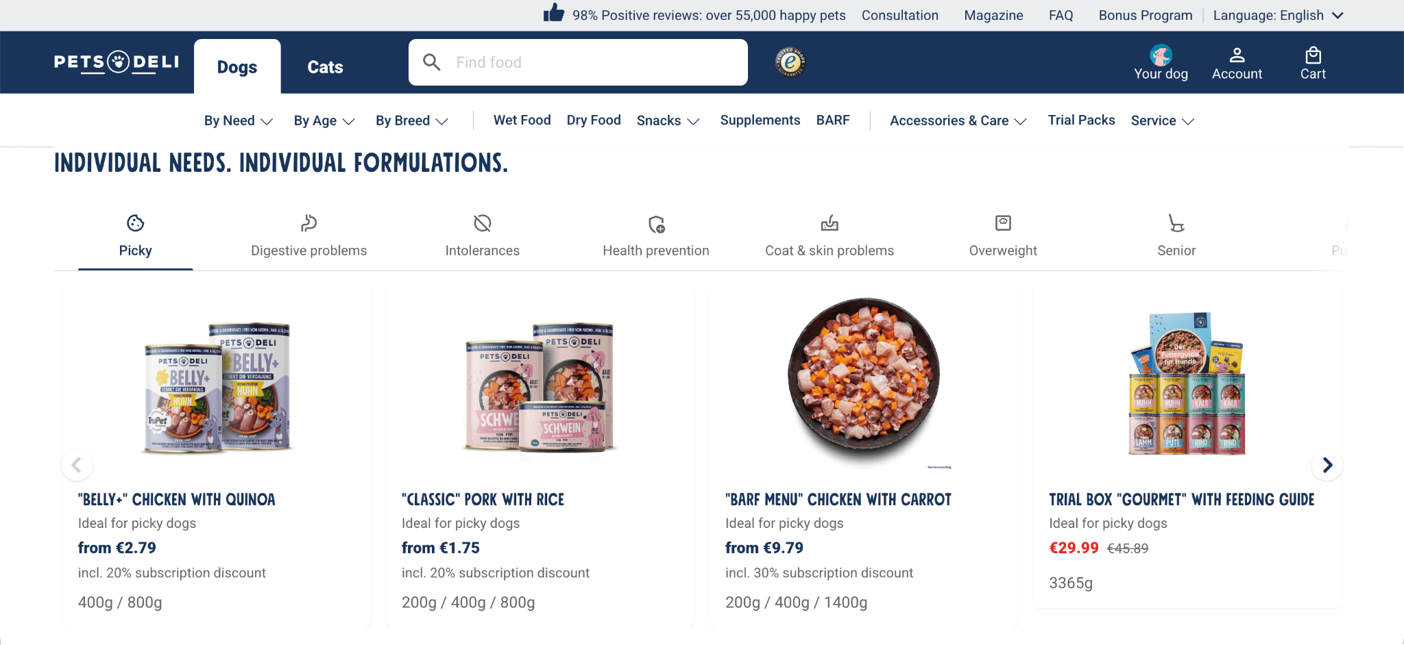 Pets Deli personalized pet food recommendations based on individual dog needs.