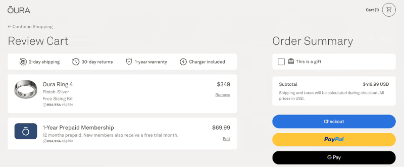 Oura checkout with HSA/FSA eligible items