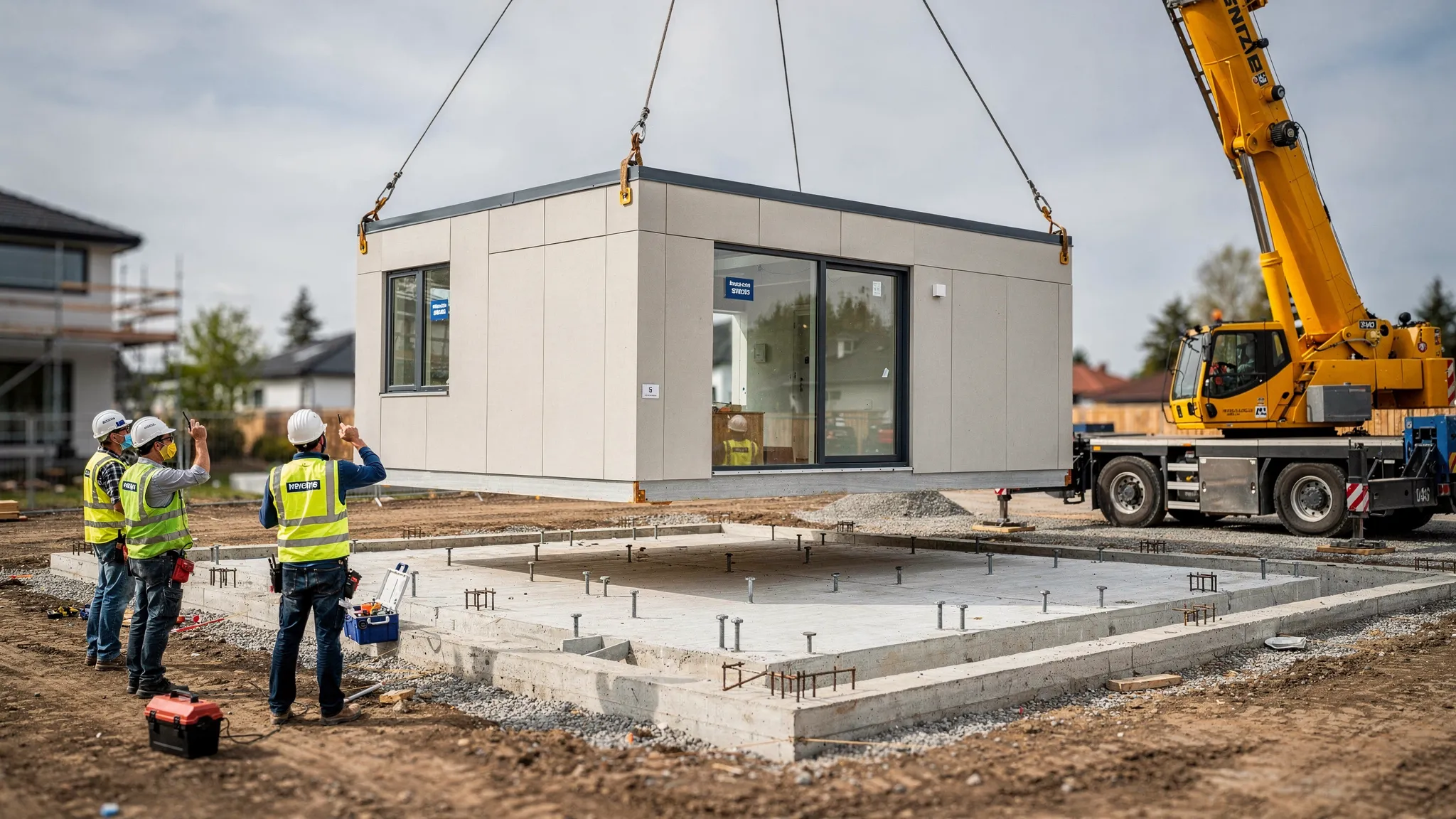 Een modulaire woning wordt met een kraan in grote modules op een voorbereide fundering geplaatst; werfarbeiders staan op veilige afstand terwijl de module uitgelijnd wordt.