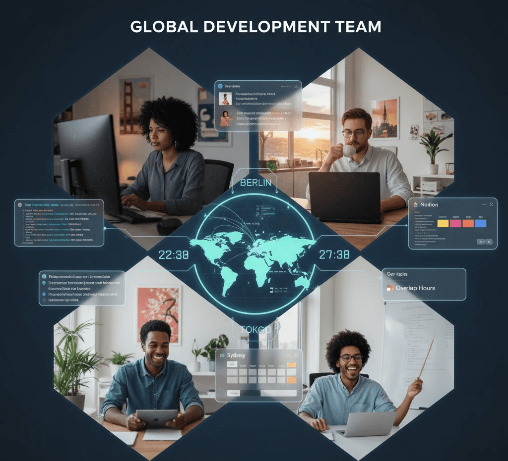 Global development team working across time zones with developers 