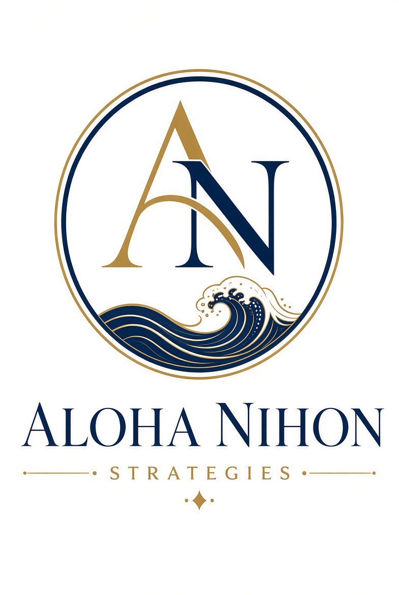 Aloha Nihon Strategies — navy and gold monogram with a Pacific wave