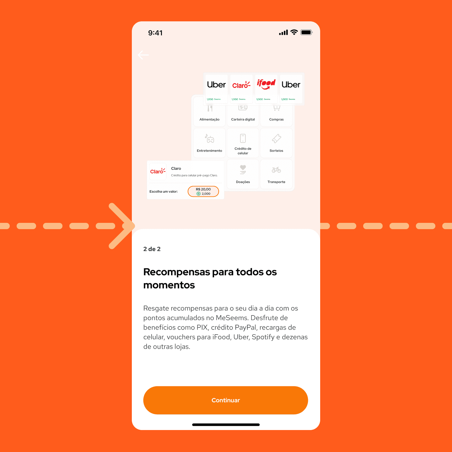 Segunda tela de onboarding com foco em 'Recompensas para todos os momentos', podendo trocar os pontos ganhos ao responder as pesquisas em prêmios e benefícios como PIX, crédito PayPal, recargas de celular, vouchers para iFood, Uber, Spotify e dezenas de outras lojas.