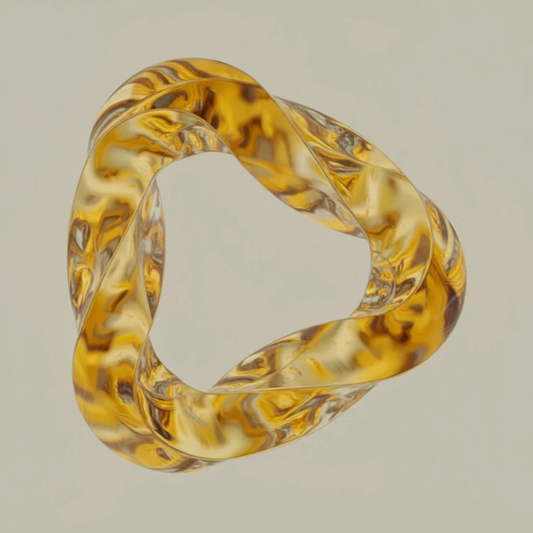 Abstract 3D yellow glass trefoil knot symbolizing ‘Our Core Values’