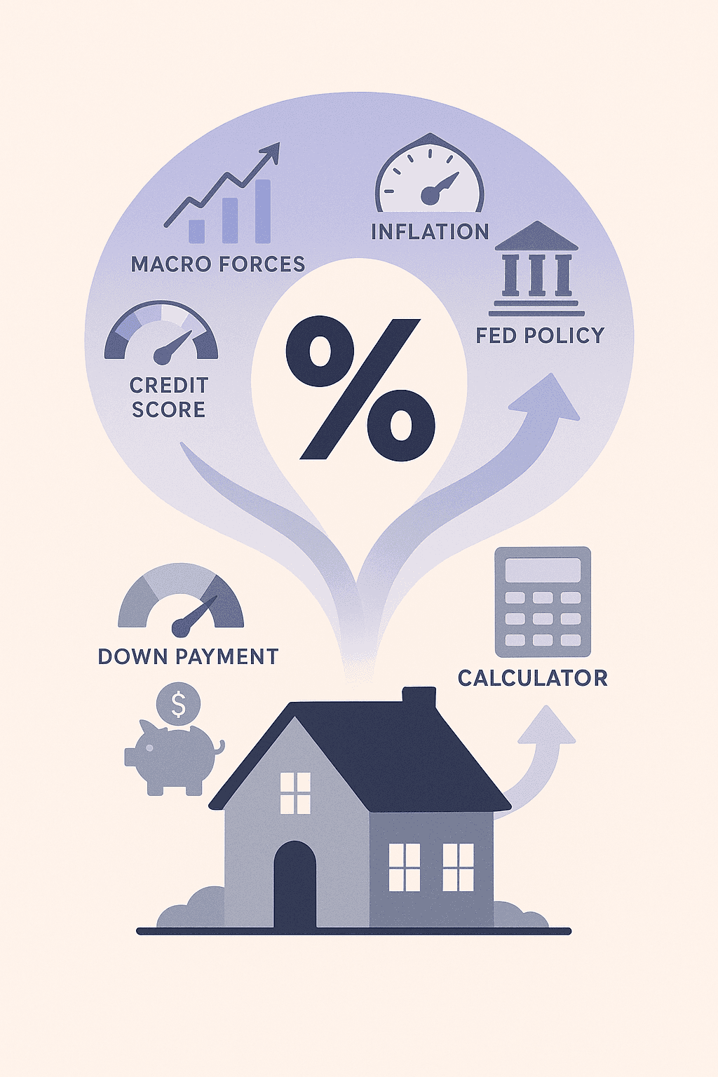 Converging arrows from economic and borrower icons into a single mortgage rate above a Frisco house