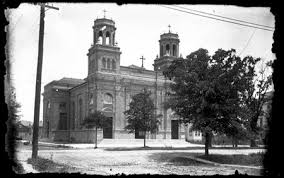 A black and white picture of a church