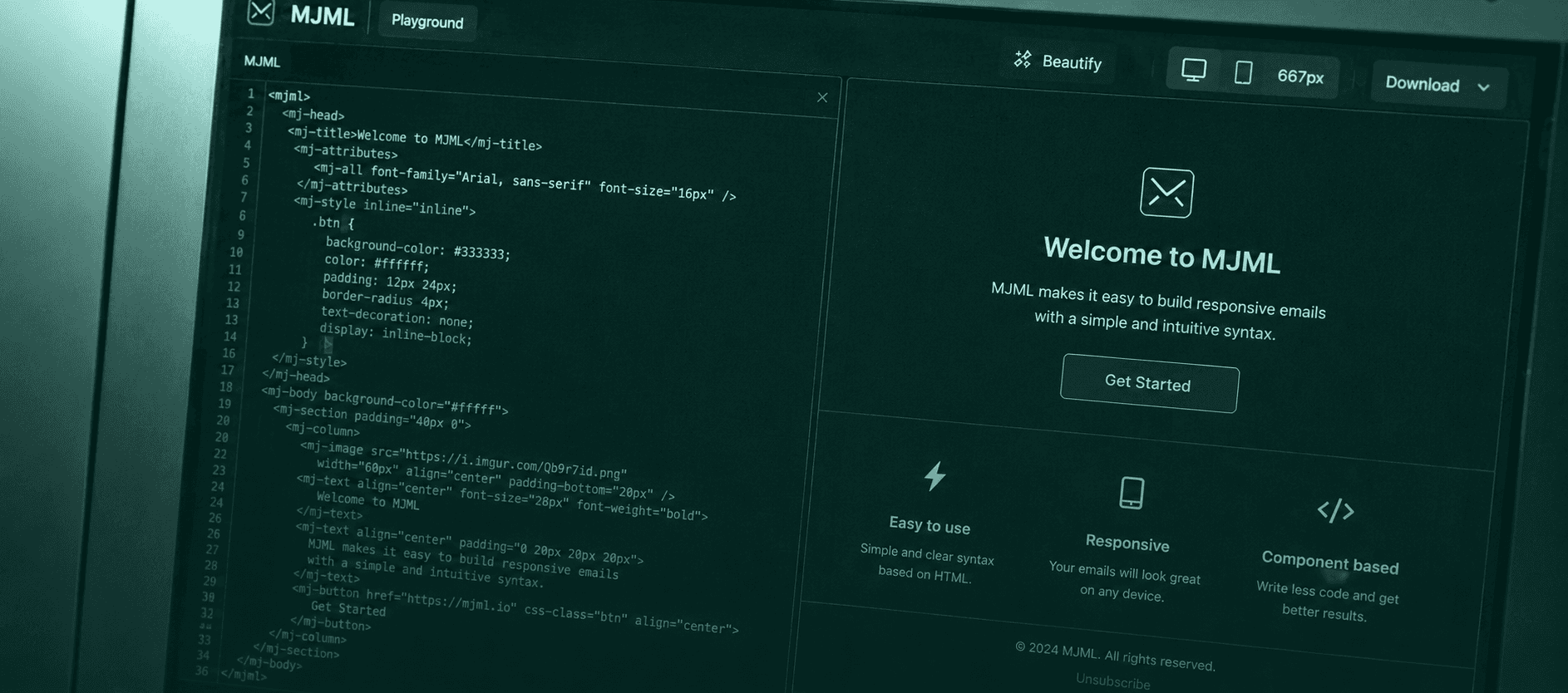 Laptop displaying MJML email playground editor code, illustrating the pros and cons of using MJML for email development.