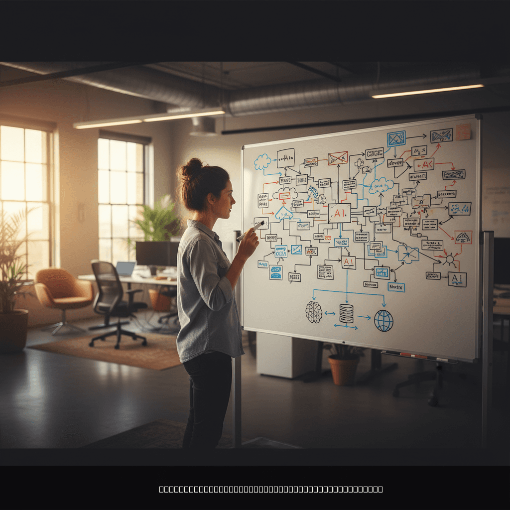 Technical founder planning how to start an AI company on a whiteboard with architecture diagrams