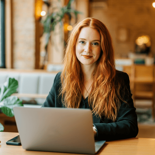 A focused woman with long red hair is seated at a desk, wearing a black blazer and dark blouse. She intently looks at camera, smiling slightly, with an open laptop in front of her. The setting is a warm and serene office setup in the background. Soft daylight filters through, creating a calm atmosphere. The composition captures her in a frontal profile with a clear emphasis on her concentration and the serene indoor setting.