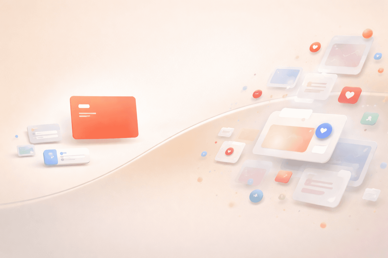 Minimalistische 3D-Illustration mit einer schwebenden korallfarbenen Fokuskarte auf der linken Seite, umgeben von wenigen geordneten Aufgaben-Elementen. Auf der rechten Seite driften zahlreiche halbtransparente Social-Media-Karten, Benachrichtigungspunkte und Reizsymbole in den warmen cremebeigen Hintergrund, wodurch der Kontrast zwischen ruhiger Fokusarbeit und ablenkenden digitalen Reizen dargestellt wird.