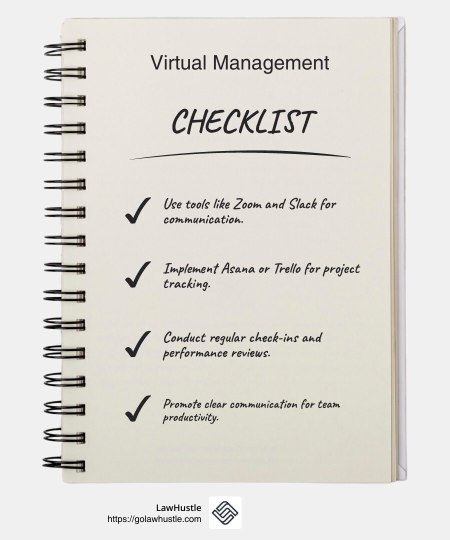 Virtual management tools and strategies help ensure productivity and accountability in remote teams. - virtual legal staffing infographic checklist-notebook