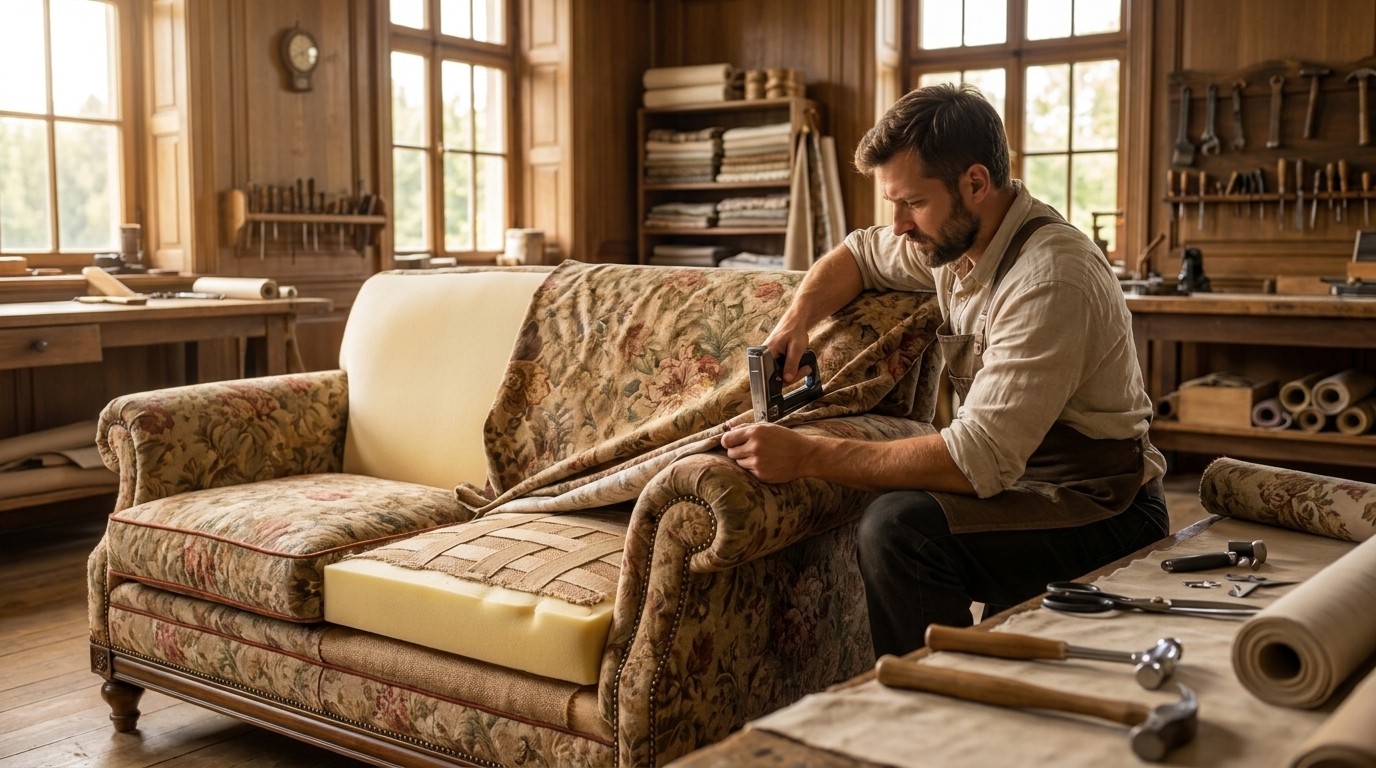 Furniture restorer lifting floral upholstery from an antique sofa in a workshop