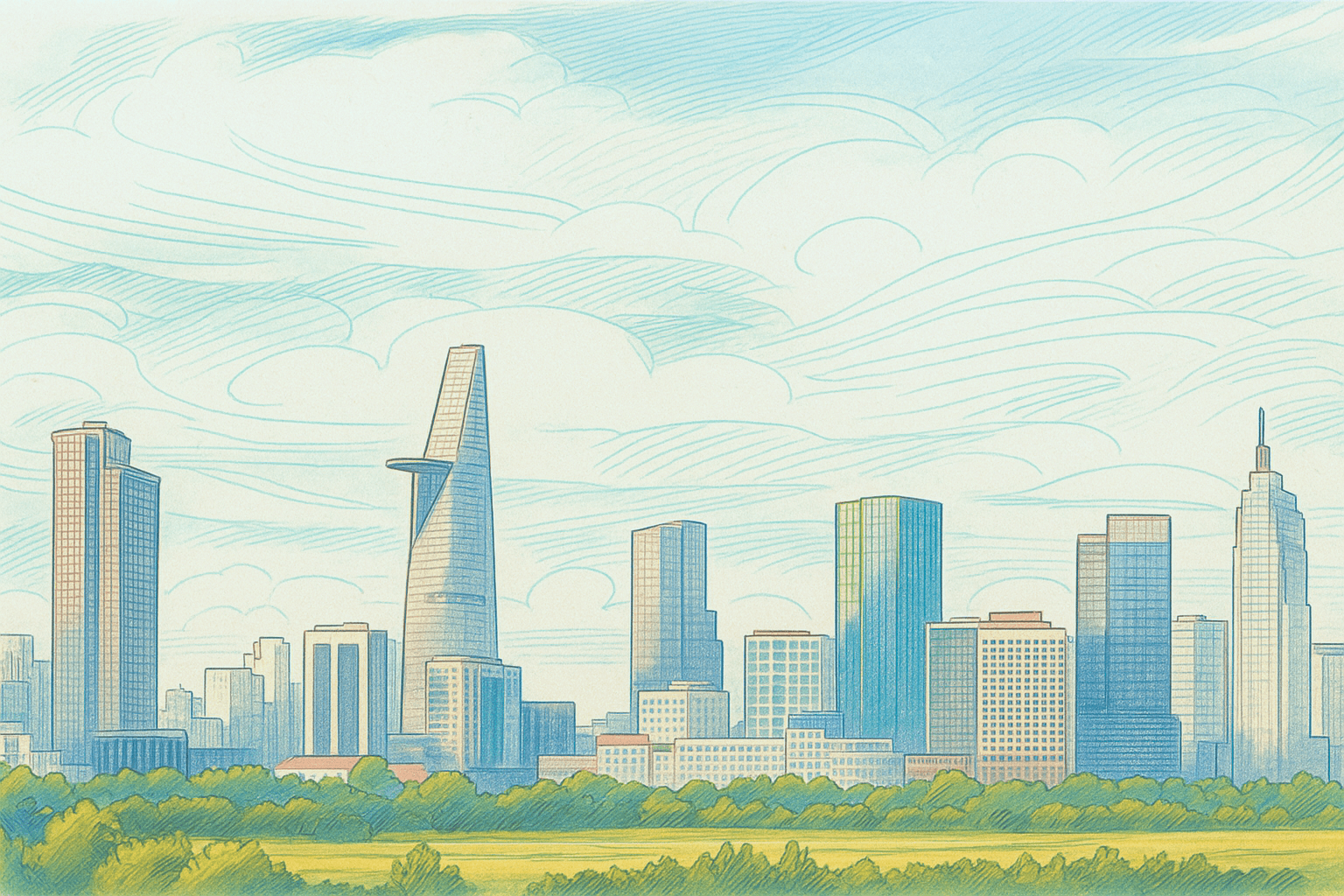 A hand drawn skyline ot Saigon as background for the preview of goteach.vn