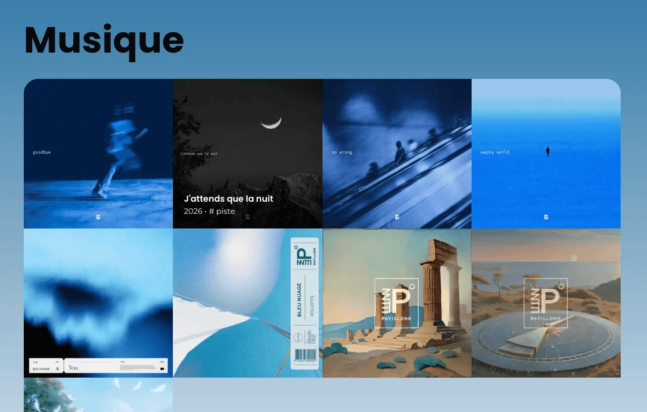 artist blue nuage's website with integrated music disocraphy