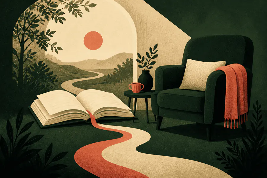 Ilustración de un libro abierto y un sillón para volver a leer