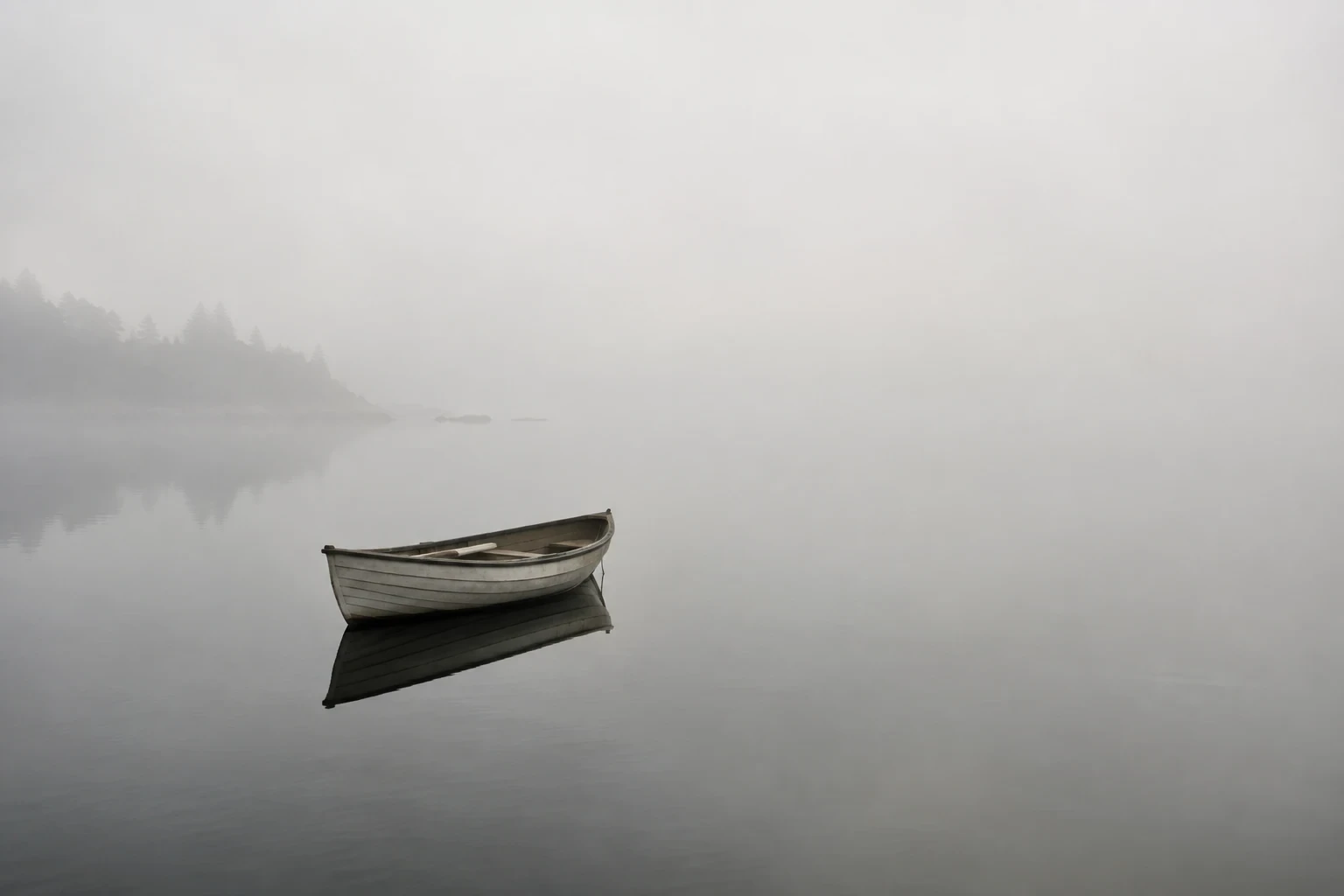 A tiny empty rowboat on very still pale gray water disappearing into fog, spare minimalist photograph