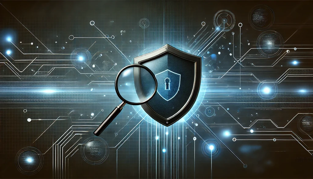 Illustration d'une loupe sur un bouclier représentant la surveillance de sécurité